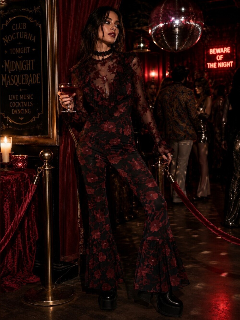 🤩 🌹 Free People Black & Crimson Floral Ruffle Flare Jumpsuit – S